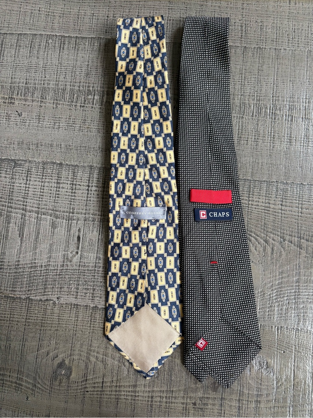 Chaps & GEOFFERY BEENE ..Black Microdot Tie with Navy & Gold Geometric Tie